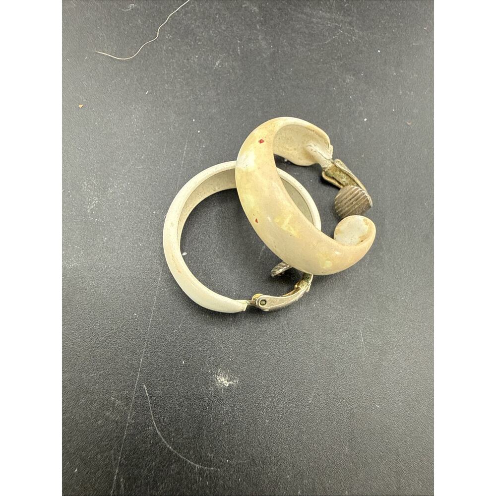 White Enameled Hoop Signed L.H. Segal 1960's Gold Tone Clip-On Vintage Earrings